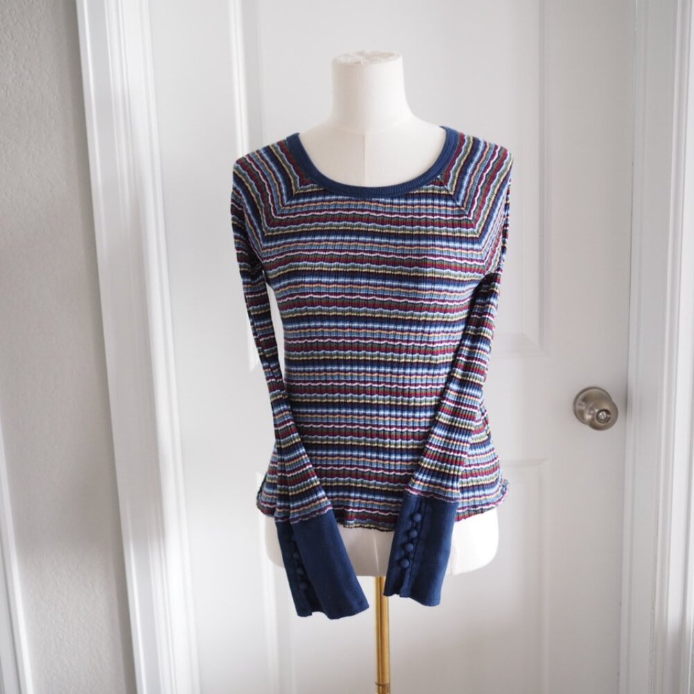 We The Free Multicolor "Donna"  Striped Ribbed Knit Top Women’s S flared cuffs